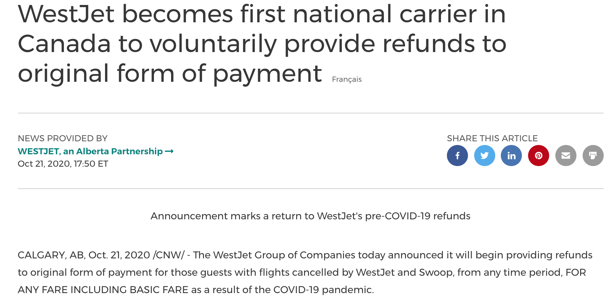 Refund from Westjet? Not for everyone - CanadaPointsGuy